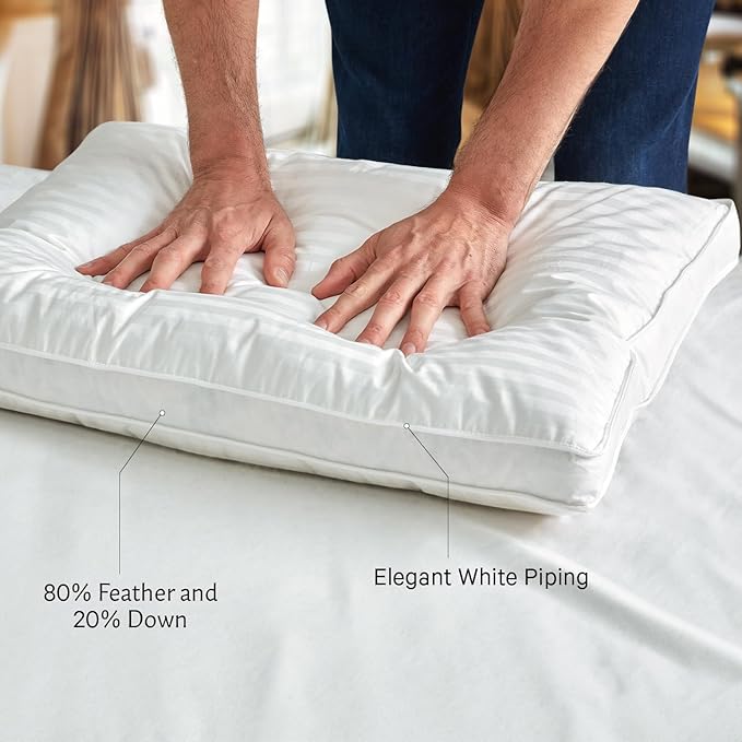 Down and Feathers Pillows Standard Size - Premium Soft Pillow Authentic Canadian White Goose Down 80% Feather 20% Down w/100% Cotton Cover for Comfort Luxury Experience