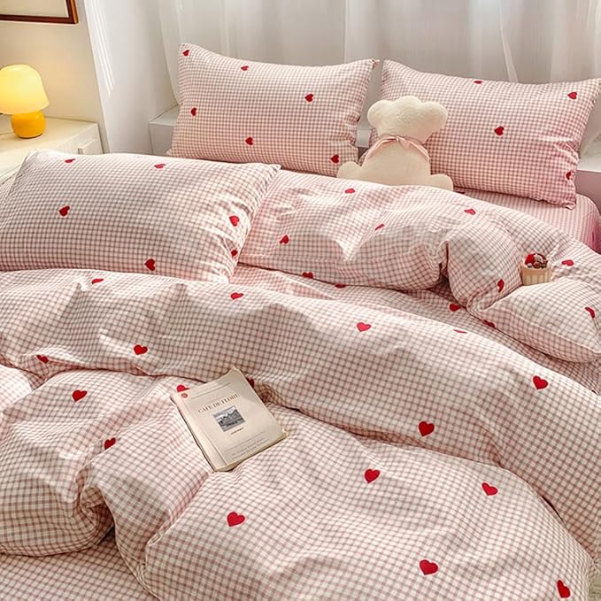 Nayoroom Gingham Duvet Cover Full Size Pink Plaid Red Heart Printed on White Bedding Set 3 Pcs Kids Girls Cute Heart-Shaped Comforter Cover with Zipper Closure Soft Breathable Microfiber