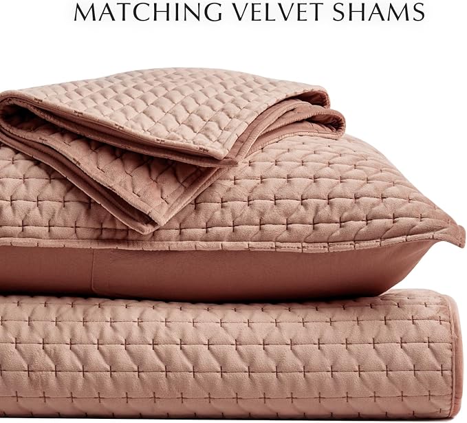 EverGrace Luxury Velvet Quilt Set King Size 3 Piece, Soft Cross-Stitch Velvet Comforter Set with Pillow Shams, Lightweight Coverlet Bedspread Bedding Set for All Seasons, Terracotta Clay