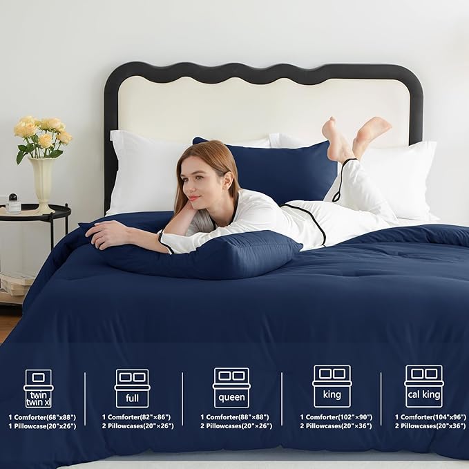 CozyLux Navy Blue King Size Comforter Set, 3 Pieces Solid Breathable Quilted Style Bedding Sets, Luxury Fluffy Soft Bed Set with Down Alternative Comforter for All Season (1 Comforter & 2 Pillowcases)