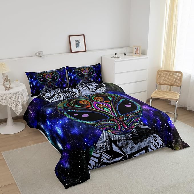 Feelyou Alien Printed Comforter Kids Galaxy Outer Space Themed Bedding Set Boys Girls Trippy Alien Hippie Skull Decor Comforter Set Colorful Tie Dye Quilted Duvet Bedroom Bed Set Full Size…