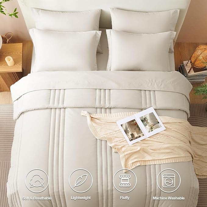 CozyLux King Size Comforter Sets - 7 Piece Bed in a Bag Beige Comforter Set with Sheets Luxury Bed Set All Seasons, Soft Bedding Set with Down Alternative Comforter, Sheets, Pillowcases & Shams
