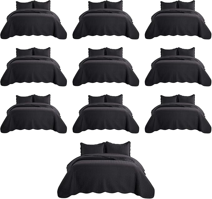 MOONLIGHT20015 Twin Quilt Bedding Set (68” x 86”) - Bulk Pack of 10 Wholesale for Hotels, Guest Bedroom & Airbnbs - Lightweight Microfiber Reversible Embossed Quilts Bedspreads (Black)