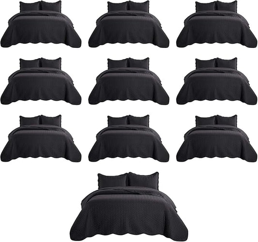 MOONLIGHT20015 Twin Quilt Bedding Set (68” x 86”) - Bulk Pack of 10 Wholesale for Hotels, Guest Bedroom & Airbnbs - Lightweight Microfiber Reversible Embossed Quilts Bedspreads (Black)