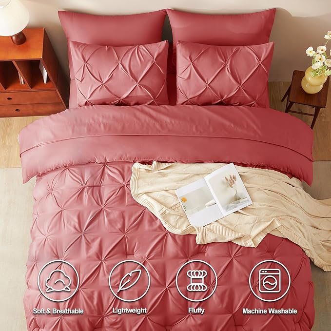 CozyLux Full Size Comforter Sets Coral, 7 Pieces Pintuck Bed in A Bag Coral Comforter Full Size, Pinch Pleat Bedding Sets with All Season Comforter, Flat Sheet, Fitted Sheet, Pillowcases & Shams