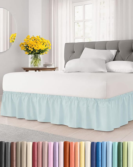 Wrap Around Dust Ruffle Bed Skirt - Ice Blue - for Queen Size Beds w/ 15 Inch Drop - Easy Fit Elastic Strap - Adjustable Pleated Bedskirt w/Brushed Fabric - Wrinkle Free - Women, Men, Kids & Teens