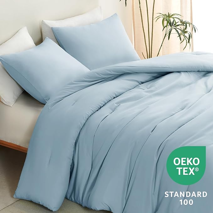 CozyLux King Size Comforter Set Light Blue, 3 Pieces Solid Comforters King Size Breathable Quilted Bedding Sets, Luxury Soft Bed Set with Down Alternative Comforter (1 Comforter & 2 Pillowcases)