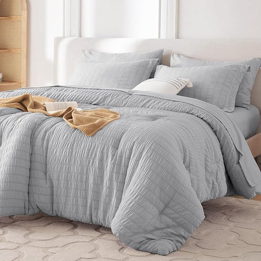 MUXHOMO 7 Pieces Full Comforter Set, Seersucker Bed in a Bag Full Size, All Season Luxury Bedding Set with Comforter, Flat Sheet, Fitted Sheet, Pillowcases & Shams, Light Grey