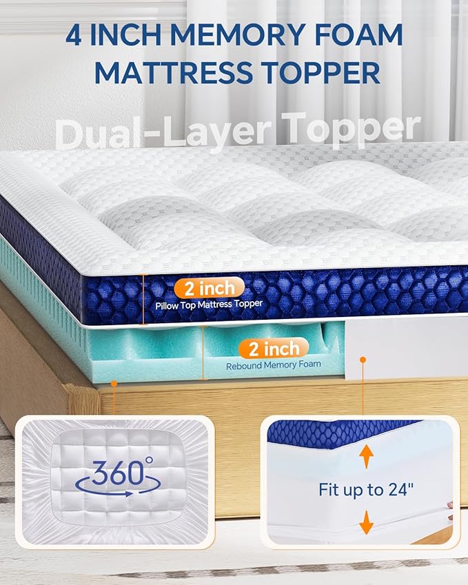 BEDELITE Full Mattress Topper Dual Layer 4 Inch Memory Foam Mattress Topper, 2 Inch Pilow Top Mattress Pad and 2 Inch Premium Gel Foam Mattress, with Stretchable Pockets Up to 6"-24"