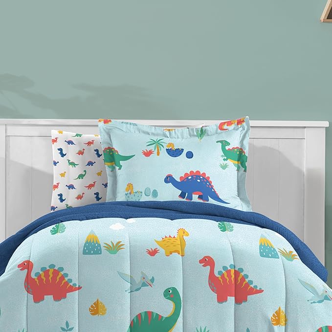 Dream Factory Kids 7-Piece Complete Bed Set Easy-Wash Super Soft Microfiber Comforter Bedding, Full, Blue Sweet Dino