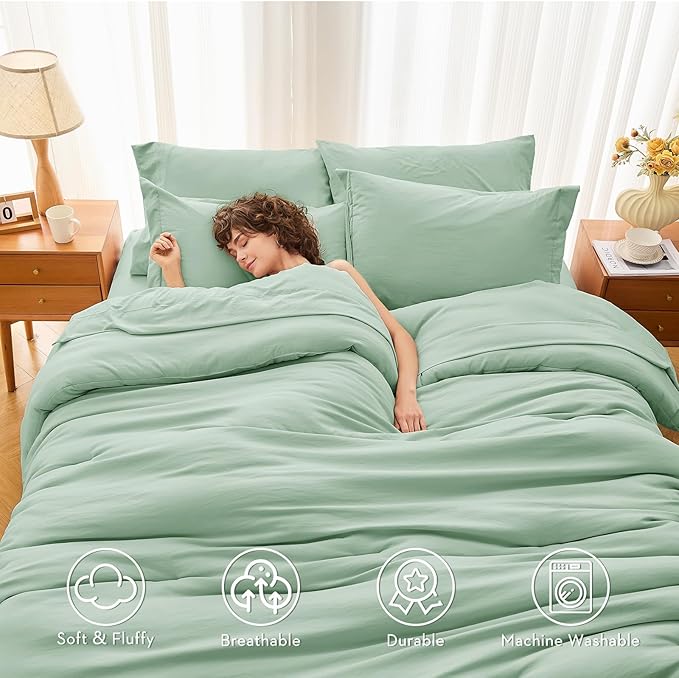 MUXHOMO 7 Pieces King Comforter Set, Soft Bed in a Bag King Size, All Season Bedding Set with Comforter, Flat Sheet, Fitted Sheet, Pillowcases & Shams, Sage Green
