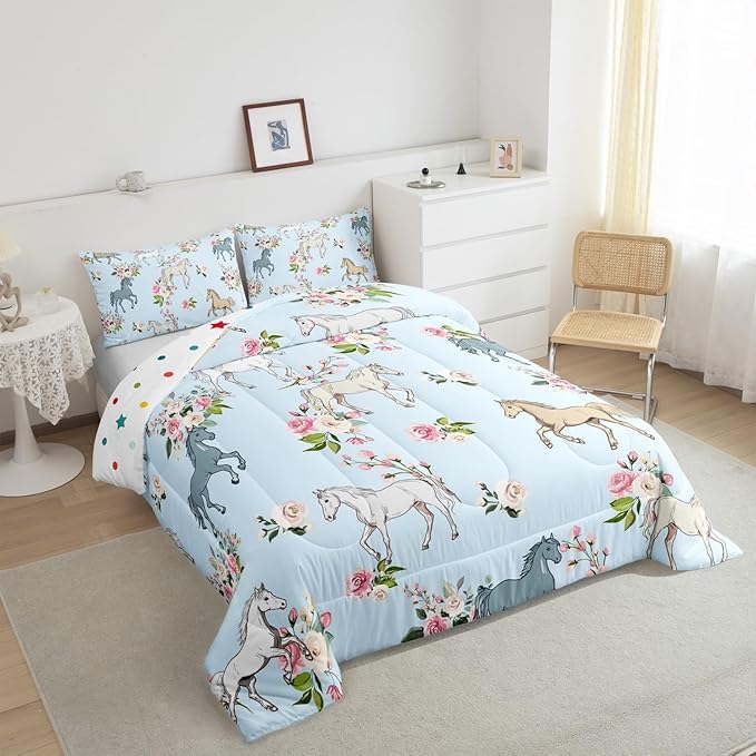 Horse Quilt Queen Size, Farmhouse Western Cowboy Cowgirls Duvet Insert for Kids Boys Girls Teens, Cartoon Kawaii Horse Bedding Set, Rustic Rose Floral Comforter Set + 2 Pillow Cases