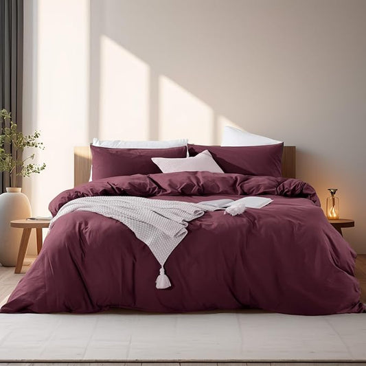 NEXHOME PRO Duvet Cover Set 100% Washed Cotton Kids Twin XL 66"x92", Organic Natural Linen Like Textured 2 Pieces Bedding Set Burgundy Dark Red with Zipper Closure, Breathable (No Comforter)