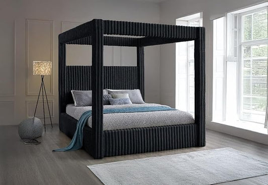 First of a Kind Serenity Edge Corduroy Canopy Bed - Modern King Bed with Plush Ribbed Fabric, Clean Lines, & Bold Texture - Canopy Bed King for Unwinding in Style & Comfort, Black