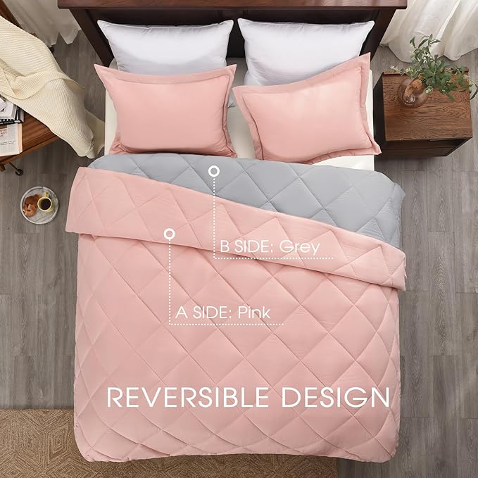 Basic Beyond Queen Comforter Set - Pink and Grey Comforter Set Queen, Reversible Bed Comforter Queen Set for All Seasons, Baby Pink/Grey, 1 Comforter (88"x92") and 2 Pillow Shams (20"x26"+2")