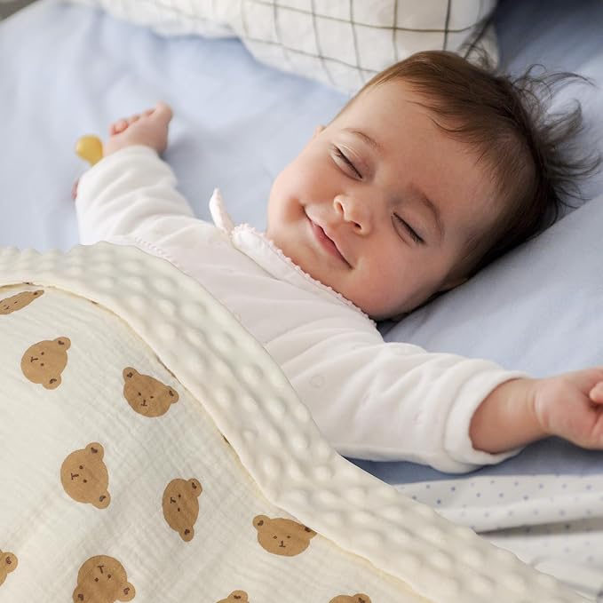 Cotton Muslin Front Fluffy-Backed Baby Swaddle Blankets Double Layer Nursery Plush Dotted Fleece Back Receiving Bed Quilt Blanket for Unisex Newborn Toddler Boys Girls 30 x 41 Inches