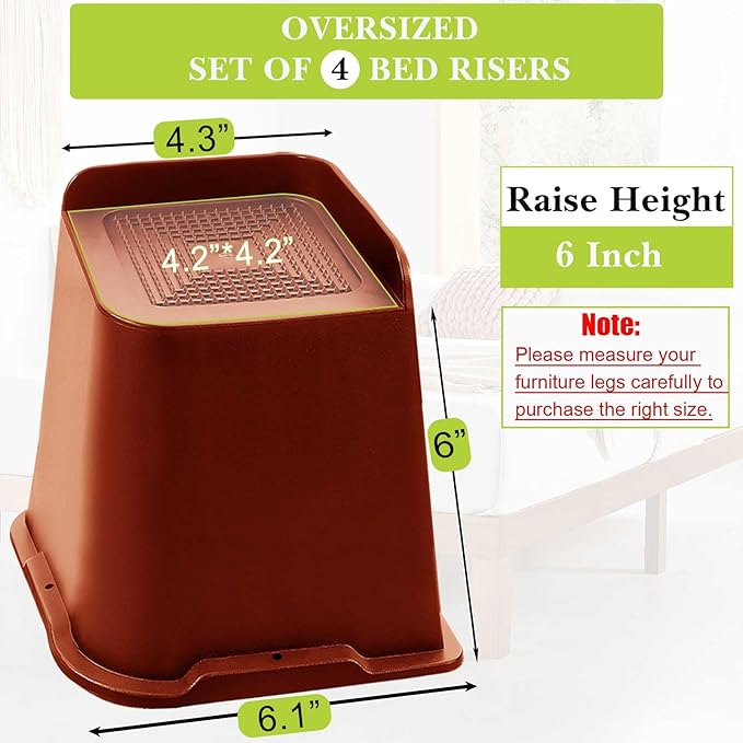 Bed Risers 1 inch, 2 inch, 3 inch, 4 inch, 6 inch, 8 inch Heavy Duty, Oversized Furniture Riser for Couch Sofa Table Chair Leg Frame Dorm, Support up to 6000 Lbs (Brown 4 Pack, 6 inch)
