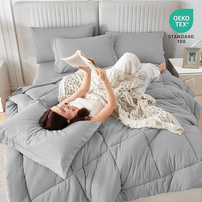 Sasttie King Size Comforter Set, 7 Pieces Bed in a Bag King, Complete Bedding Set Includes Comforter, Flat Sheet, Fitted Sheet, Pillowcases and Pillow Shams, Light Grey