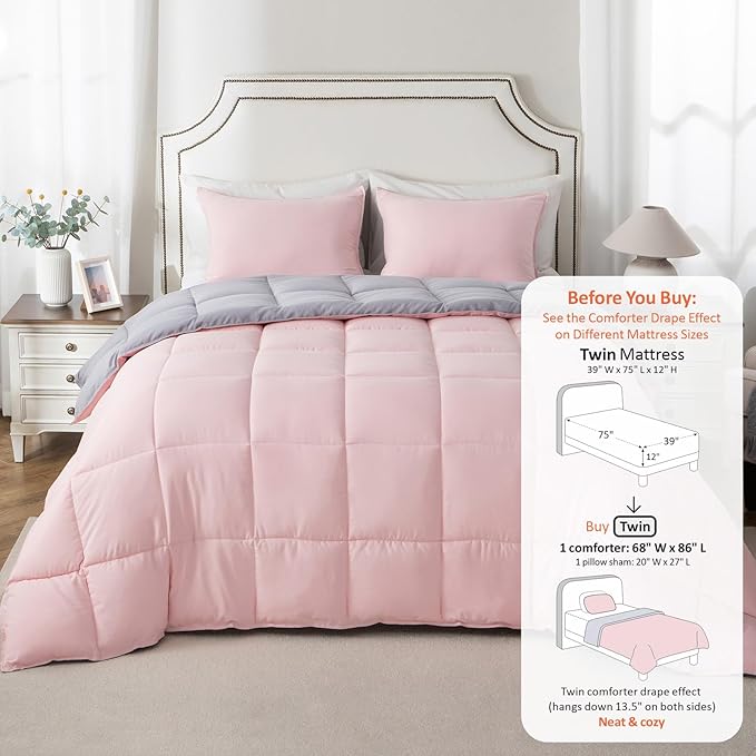 KASENTEX Twin/Twin XL Comforter Set – Reversible Dual Color – Goose Down Alternative – Ultra-Soft, Lightweight, Machine Washable, Maintain Fluffiness, All Season Warmth (Pink Potpourri/Quartz Silver)