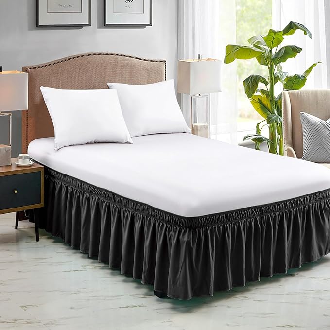 FreshCulture Elastic Wrap Around Bed Skirt - Easy Fit with 15-Inch Tailored Drop, Hotel Quality Dust Ruffle for Full Size Bed (Black)
