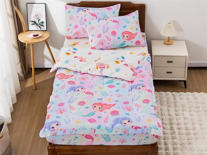 NTBED Mermaid Printed Zipper Bedding Sets Full Lightweight Microfiber Ocean Comforter Sets with Fitted Sheet Pillow Covers,Multi