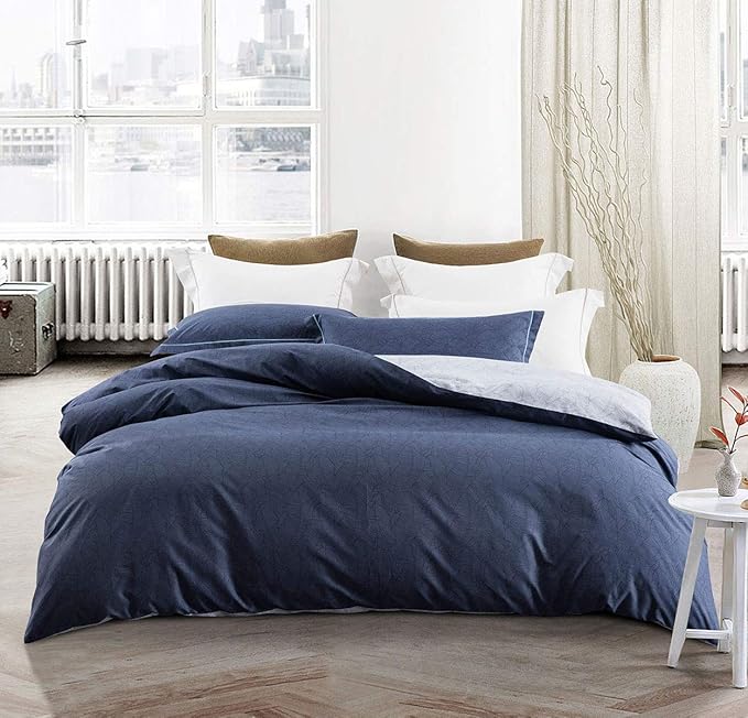 SLEEPBELLA Duvet Cover Full Size, 600 Thread Count Cotton Navy & Grey Printed with Luxurious Blue Leaves Pattern Reversible Botanical Comforter Cover Sets, Bedding Set 3Pcs (Full, Navy-Blue Leaves)