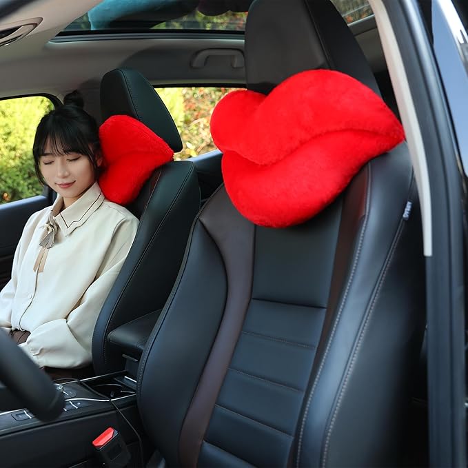 Sexysamba 2 Pack Lip Shaped Car Headrest Pillow, Comfortable Soft Head Rest Cushion Kawaii Car Accessories Cute Car Neck & Seat Pillow for Driving Travelling Office Home Decor - Red Lip