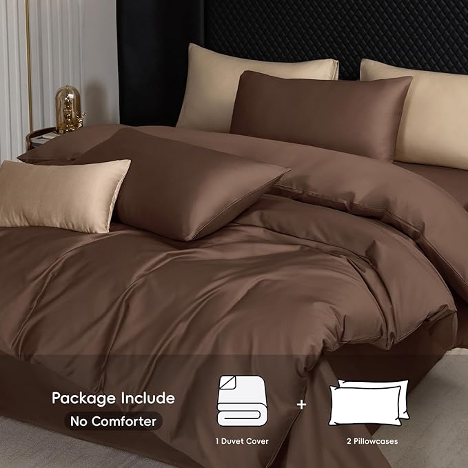 MooMee Duvet Cover Set 100% Extra Long Staple Cotton 600 Thread Count Silky Sateen Smooth Luxury Soft Breathable Durable Hotel Quality Bedding, 3 Pieces (Chocolate Brown, King 104"x90")