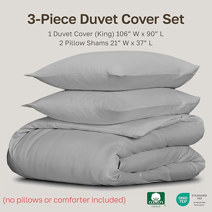 California Design Den 3 Pc King Size Duvet Cover Set -Winner Good Housekeeping Best Bedding Awards 2025, 400 Thread Count, 100% Cotton,Sateen Duvet Cover Cotton,Button Closure, Corner Ties-Light Grey