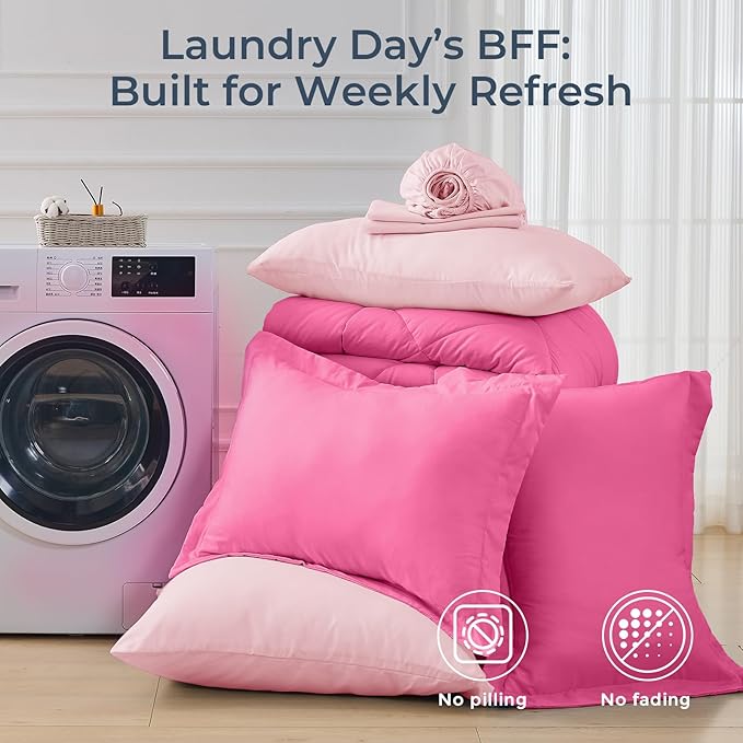 HEVUMYI Hot Pink & Baby Pink Queen Comforter Set - 7-Piece All Season Bed in a Bag Queen, Ultra Soft Bedding Set with Comforter, Flat Sheet, Fitted Sheet, Pillowcases, Pillow Shams