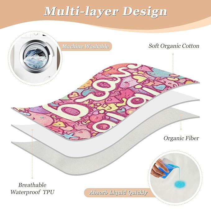Waterproof Bed Pad Reusable Changing Pad Toddler Mattress Protector Large Pee Pad Baby Diaper Pad Soft Washable Liner Be Brave Girl Hearts and Stars Pink
