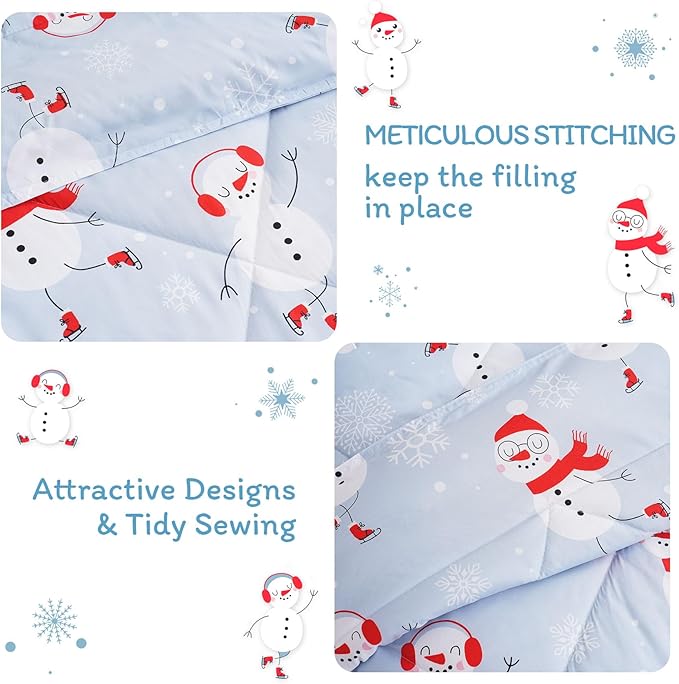 JSD Blue Snowman Kids Comforter Set Twin Size, 2 PC Christmas Winter Printed Microfiber Bedding Set