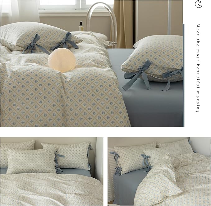Blue Floral Duvet Cover King Teen Girls Cottagecore Bedding Set King 3 Pieces Soft Cotton Peach Flowers Coquette Comforter Cover with Bow Ties Pillowcases,Vintage Country Bedding Sets