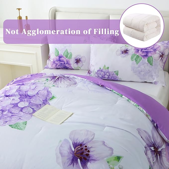 Floral Comforter Set King Size, 3 Pieces Elegant Purple Floral Bed in a Bag, Soft Microfiber Botanical Flower Bedding Set with 2 Pillowcases for All Season 104"×90"
