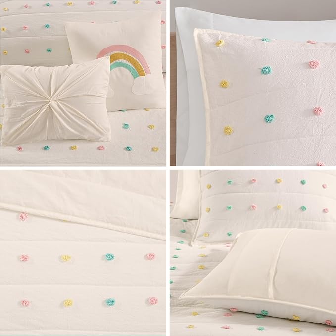 Intelligent Design Kids Quilt Set Cotton Jacquard Weave Colorful Poms Accent All Season Shabby Chic Bedding Coverlet Bedspred, Girls Bedroom Décor, Full Queen, Ivory 5 Piece