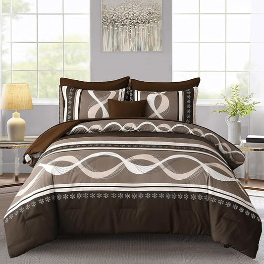 Anibedding Boho Comforter Set,8 Pieces Bed in a Bag Patchwork Striped Comforter Set,Brown Bed Set King Size,Soft Microfiber Boho Bedding Set for All Season(90"×104")