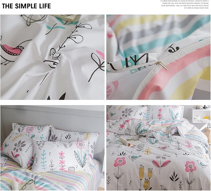 HighBuy Floral Printed Bedding Set Twin XL Duvet Cover Girls Cotton Comforter Cover Twin XL Size Garden Aesthetic Reversible Striped Bedding Sets 3 Piece Boho Comforter Cover Duvet Cover Set