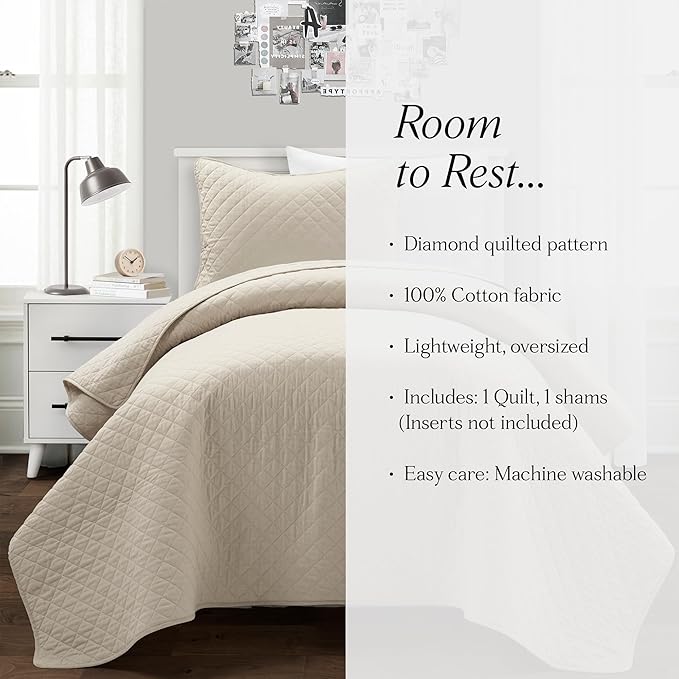 Lush Decor Ava Quilt Diamond Pattern Solid 2 Piece Oversized Bedding Blanket Bedspread Set - Twin-XL - Neutral