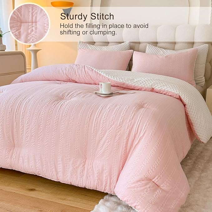 Boho Comforter Set Full Size Striped Pleats Bohemian Seersucker Bedding Set All Season Soft Cozy 3 Pieces Quilt with 2 Pillowcases(80"X90" Blush Pink)