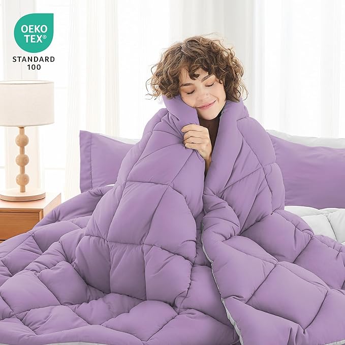 MUXHOMO 7 Pieces Full Comforter Set, Reversible Bed in a Bag Full Size, All Season Bedding Set with Comforter, Flat Sheet, Fitted Sheet, Pillowcases & Shams, Greyish Purple & Light Grey