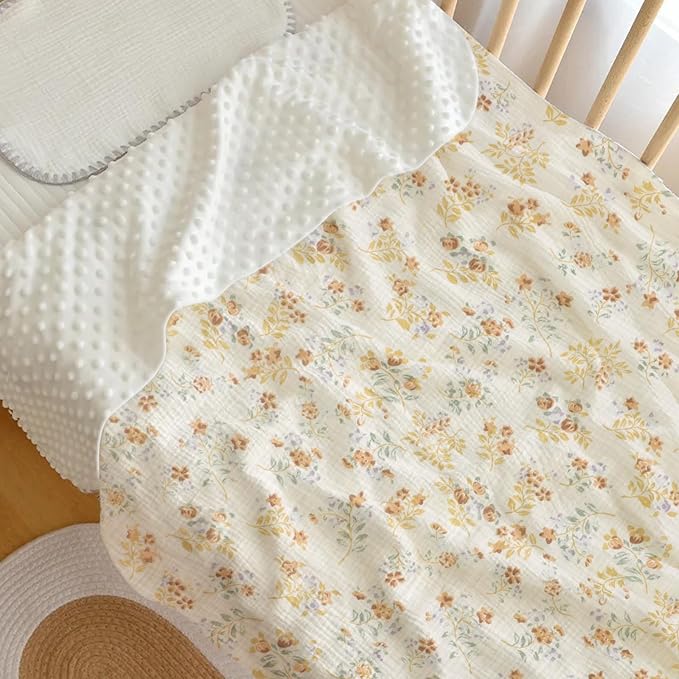 Premium Soft Muslin Cotton Front Fluffy-Backed Baby Swaddle Blankets Double Layer Nursery Plush Dotted Fleece Back Receiving Bed Quilt Blanket for Unisex Newborn Toddler Boys Girls 30 x 41 Inches