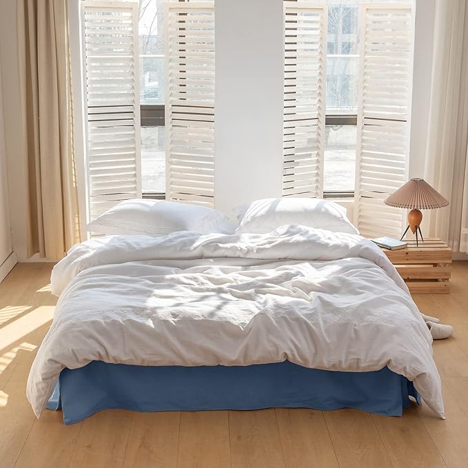 BISELINA French Linen Bed Skirt with Pleated Corner 14-Inch Tailored Drop Natural Flax Cotton Blend Basic Dust Ruffle Soft Cozy Farmhouse Bedding (14" King, Basic Navy Blue)