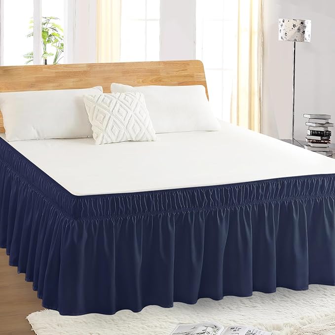 Queen Bed Skirt, Elastic Wrap Around Bed Skirt Queen Size, Bed Skirts for Adjustable Bed, Easy Fit with 18" Drop Length Tailored Drop Dust Ruffle (Navy)