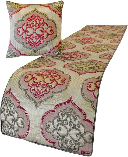The HomeCentric King/Queen/Twin Pink Decorative CA King 86"x18" Bed Runner with 2 Pillow Cover, Quilted & Damask Bed Scarf on Silk Fabric - Emre