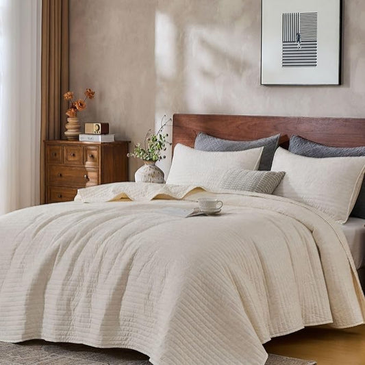 DOWN HOME Queen Quilt Bedding Set with Shams, Vintage Washed Soft Quilted Blanket Thin Comforter Lightweight Bedspread Coverlet Bed Cover, Brushed Microfiber Stripe Stitching, Linen White, 86"x90"