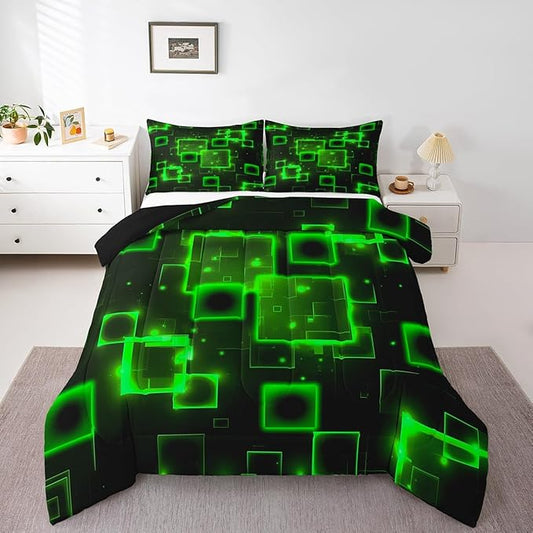 Feelyou Geometric Green Black Comforter Set Queen Size, Kids Light Honeycomb Bedding Set Geometrics Comforter Abstract Duvet Insert Bed Set 3Pcs