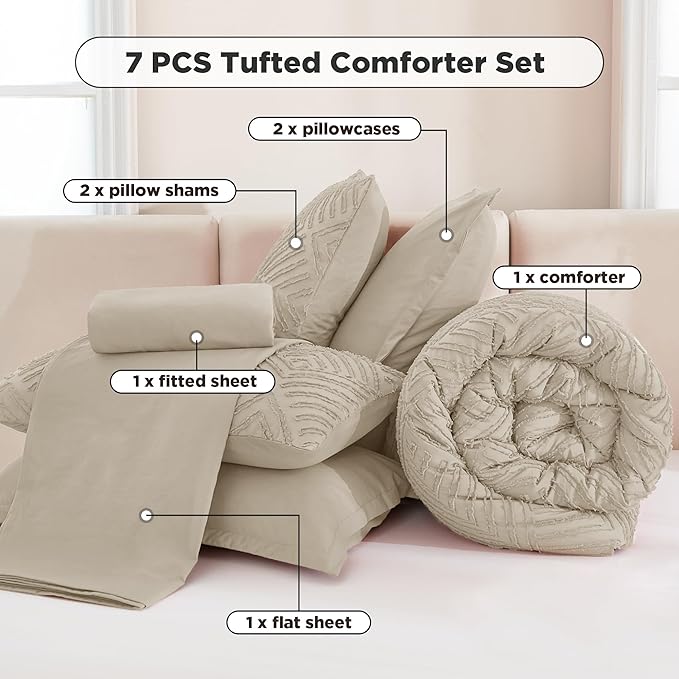Andency Oversized Queen Size Comforter Set with Sheets Oatmeal - 7 Pieces Bed in a Bag Oversized Queen Boho Tufted Lightweight Bedding Sets with Comforter, Sheets, Pillowcases & Shams