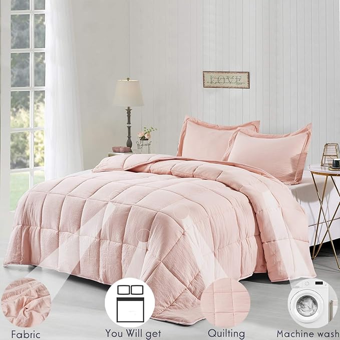 HIG 3pc Prewashed All Season Down Alternative Comforter Duvet Insert -Quilted Comforter with Corner Tabs -Box Stitched -250GSM Fiberfill Chic Farmhouse Style Bedding(Queen,Peach Pink)