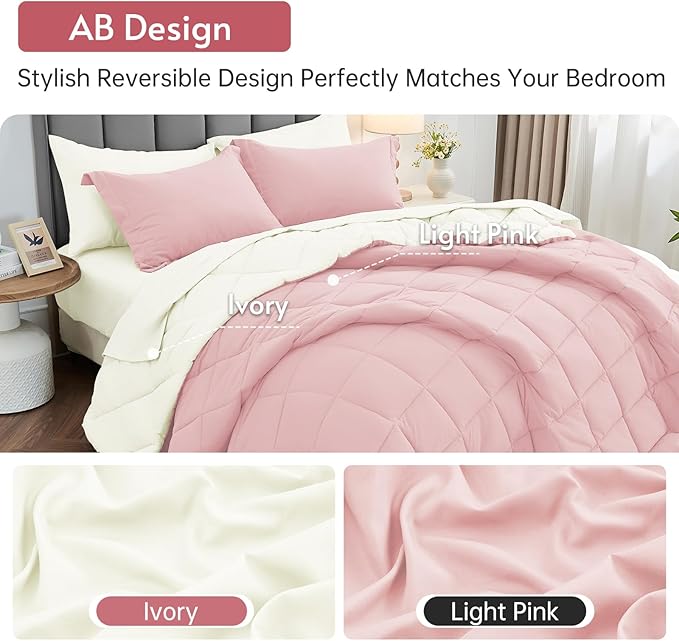 MUXHOMO 5 Pieces Twin Comforter Set, Reversible Bed in a Bag Twin Size, All Season Bedding Set with Comforter, Flat Sheet, Fitted Sheet, Pillowcases & Shams, Light Pink & Ivory