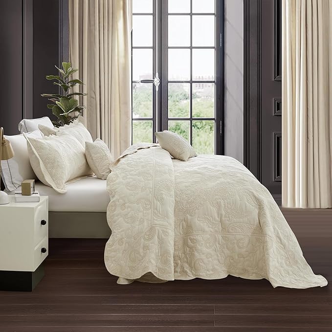 HZ & HY Oversized King Bedspread, Quilted Coverlet Bedding Set, Lightweight Thin Comforter, Reversible, Luxurious, 5 Piece, 100% Microfiber, Ivory Yellow
